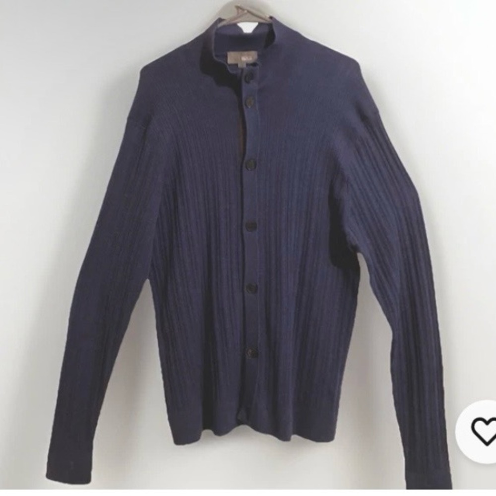 Canali Dark Blue Merino Wool Cardigan Brown accents suede patches button luxury